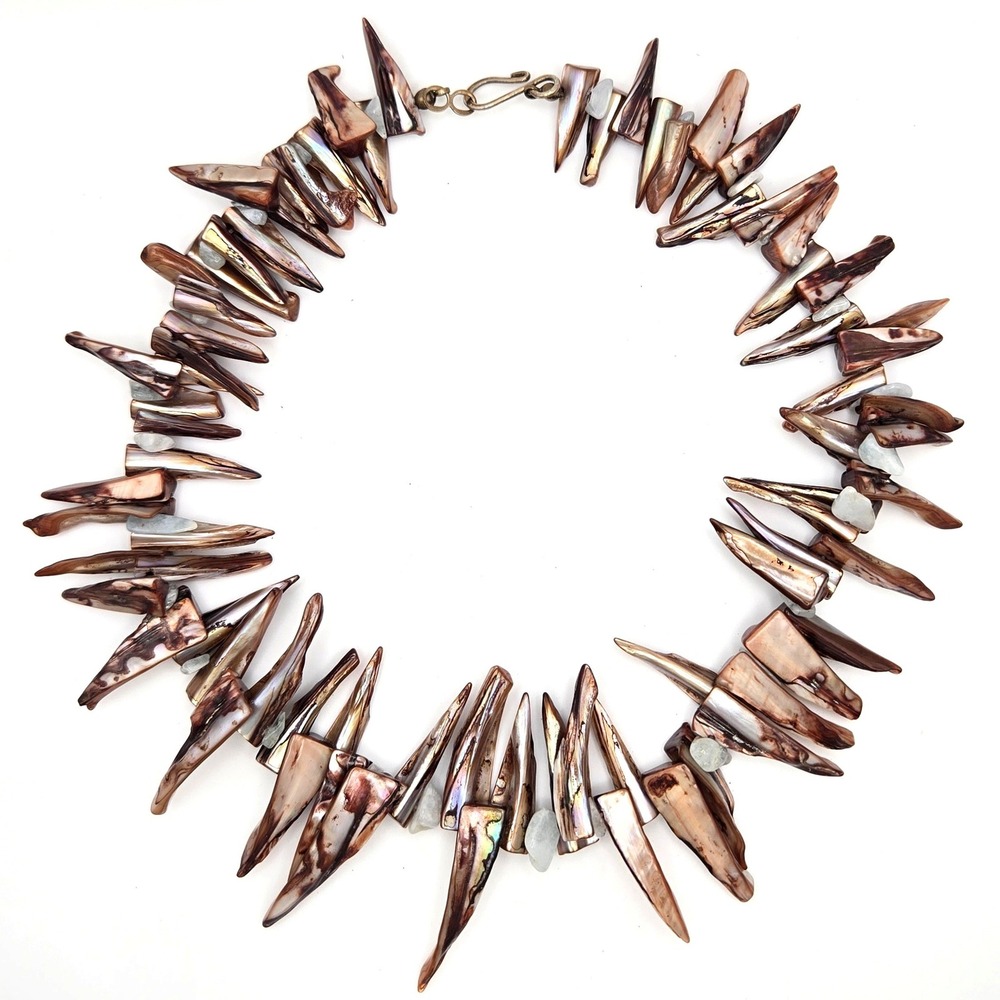 Vintage Iridescent Abalone Shell Spike and Quartz Chip Collar Necklace Brass 17"